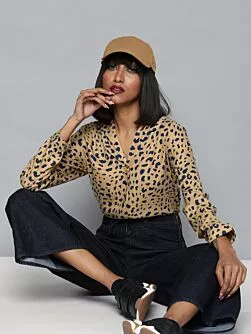 Women Brown & Navy Blue Printed Top