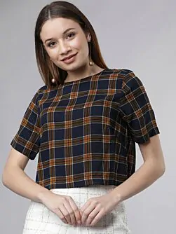 Women Navy Blue & Mustard Yellow Checked Boxy Top
