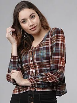 Women Burgundy & Turquoise Blue Checked Shirt Style Top