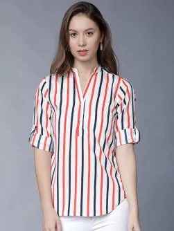 Women White Striped Shirt Style Top