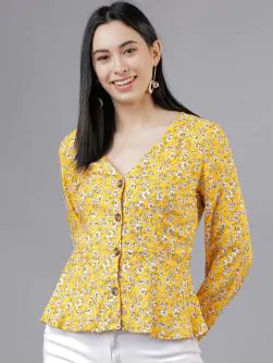 Women Yellow Floral Printed Peplum Top