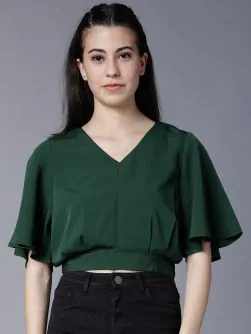 Women Green Solid Blouson Crop Top