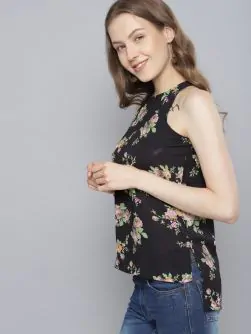 Women Black Printed A-Line High-Low Top