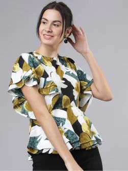 Women White & Black Floral Print Peplum Top
