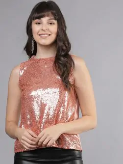 Women Nude-Coloured Embellished Top