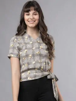 Women Grey Printed Wrap Top