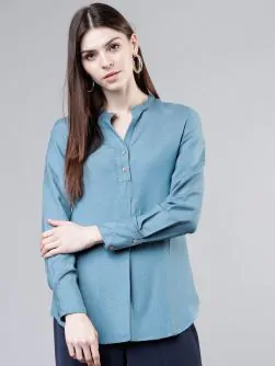 Women Blue Solid Shirt Style Top