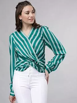 Women Teal Green Striped Top