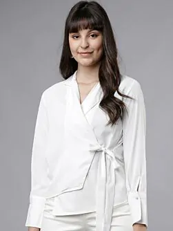 Women White Solid Wrap Top