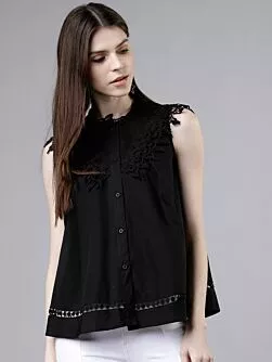 Women Black Self Design A-Line Top