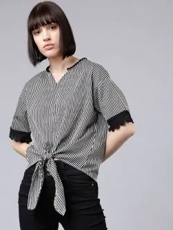 Women Black & White Striped Top