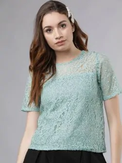 Women Sea Green Self Design Top