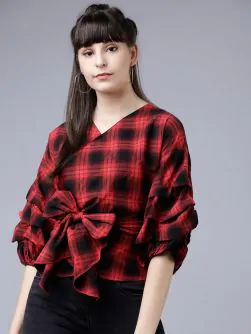 Women Red Checked Wrap Top