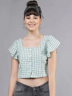 Women Green & Black Checked Crop Top