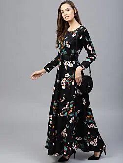 Black Floral Print Flared Maxi Dress with a Belt