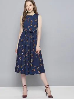 Women Navy Blue Printed Fit and Flare Dress