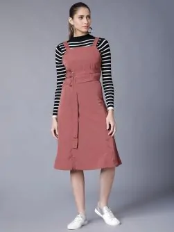Women Rose Solid Pinafore Dress