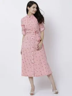 Women Coral Striped Shirt Dress