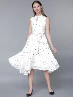 Women White Polka Dot Print Fit and Flare Dress