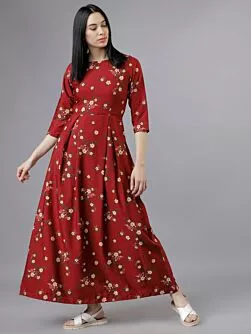 Women Rust Floral Print Maxi Dress