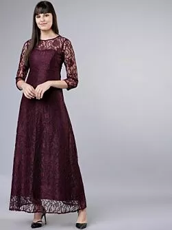 Women Maroon Self Design Maxi Dress