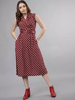 Women Maroon And White Printed Shirt Dress