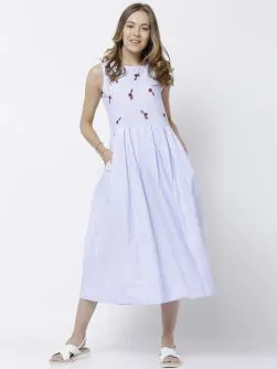 Women Blue & White Solid Midi Dress