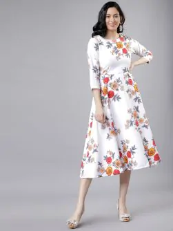 Women Off-White & Pink Floral Print Fit and Flare Dress