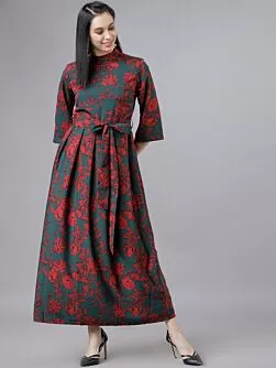Women Teal & Red Floral Print Maxi Dress