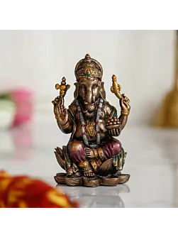 Brown Polyresin and Bronze Bhujadhari Lord Ganesha Idol On Lotus Flower