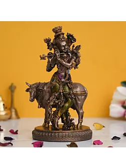 Lord Krishna Playing Flute with Cow Cold Cast Bronze Resin Decorative Figurine