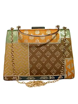 Woman Multipattern Brown Brocade Party Clutch