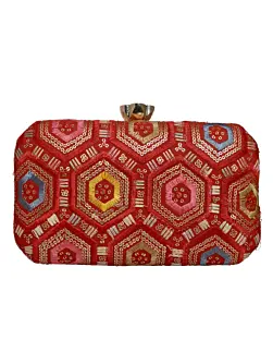Women Red Rectangle Sequins Embroidery Clutch