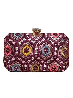Women Wine Rectangle Sequins Embroidery Clutch