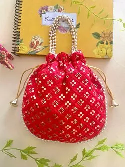 Women Red Chikan Embroidered Sequence Potli Bag