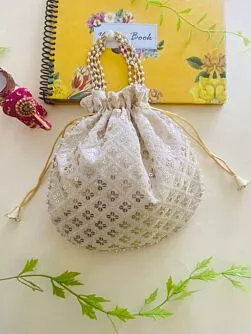 Women Beige Chikan Embroidered Sequence Potli Bag