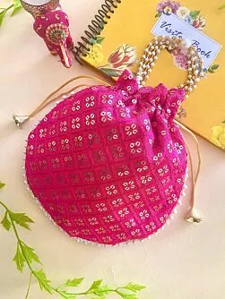 Women Pink Chikan Embroidered Sequence Potli Bag