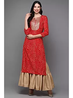 Women Printed Viscose Rayon Straight Kurta  (Red)