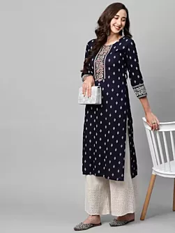 Women Printed Viscose Rayon Embroidered Straight Kurta  (Blue)