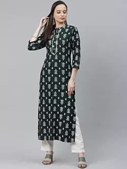 Women Printed Viscose Rayon A-line Kurta  (Green)