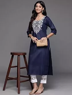 Women Embroidered Cotton Blend Straight Kurta  (Blue)