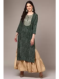 Women Bandhani Viscose Rayon Straight Kurta  (Dark Green)