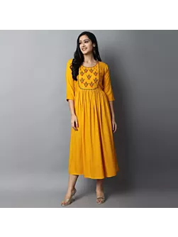 Women Embroidered Viscose Rayon A-line Indian Kurta  (Yellow)