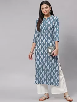 Women Floral Print Pure Cotton Straight Kurta  (Grey, White)