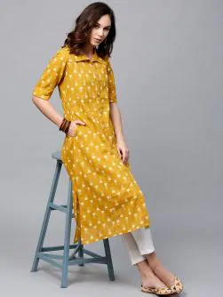 Mustard Yellow Printed Button Down A-Line Kurta
