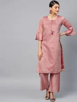 Mauve Solid Chanderi Straight Kurta With Palazzo Set