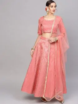 Peach Brocade Lehenga With Brocade Choli & Dupatta