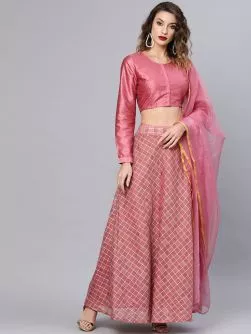 Pink Checked Lehenga With Choli & Dupatta