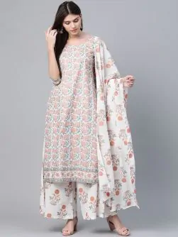White Kurta Palazzo Set With Dupatta