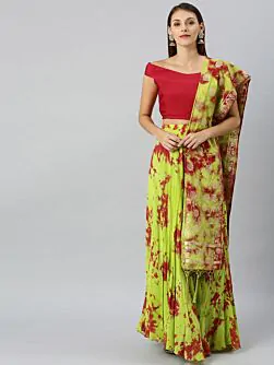 Green & Magenta Pink Dyed Ready To Wear Lehenga & Blouse With Dupatta